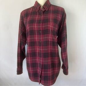 LL BEAN Womens Size L Flannel Plaid Button Up Long Sleeve Shirt Cotton Red VTG